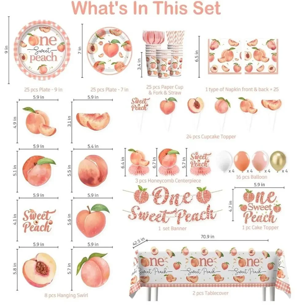One Sweet Peach Birthday Party Decor Set 205 pieces Serves 25 NIP